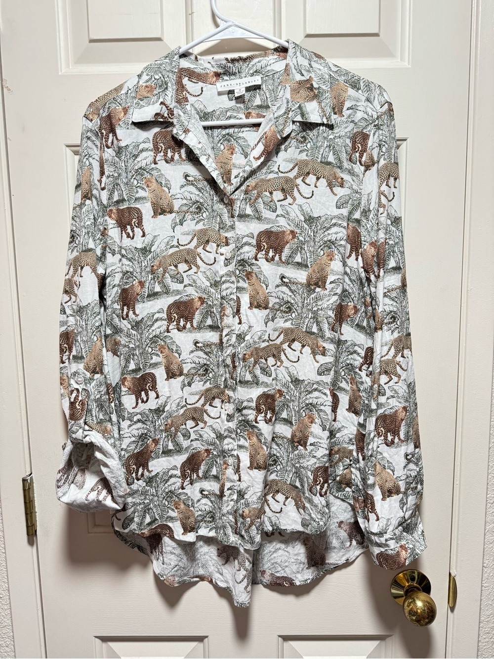 Jane and Delancey Leopard Palm Leaf Jungle Print Linen Viscose Long Blouse